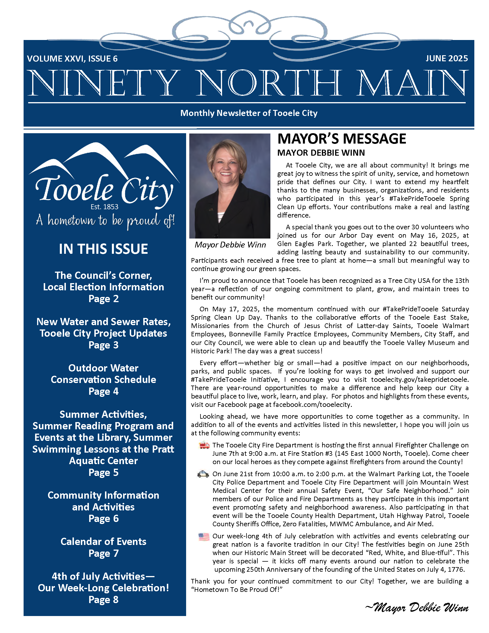 Page 1 of the City newsletter. It has a blue border and a photo of Mayor Winn.