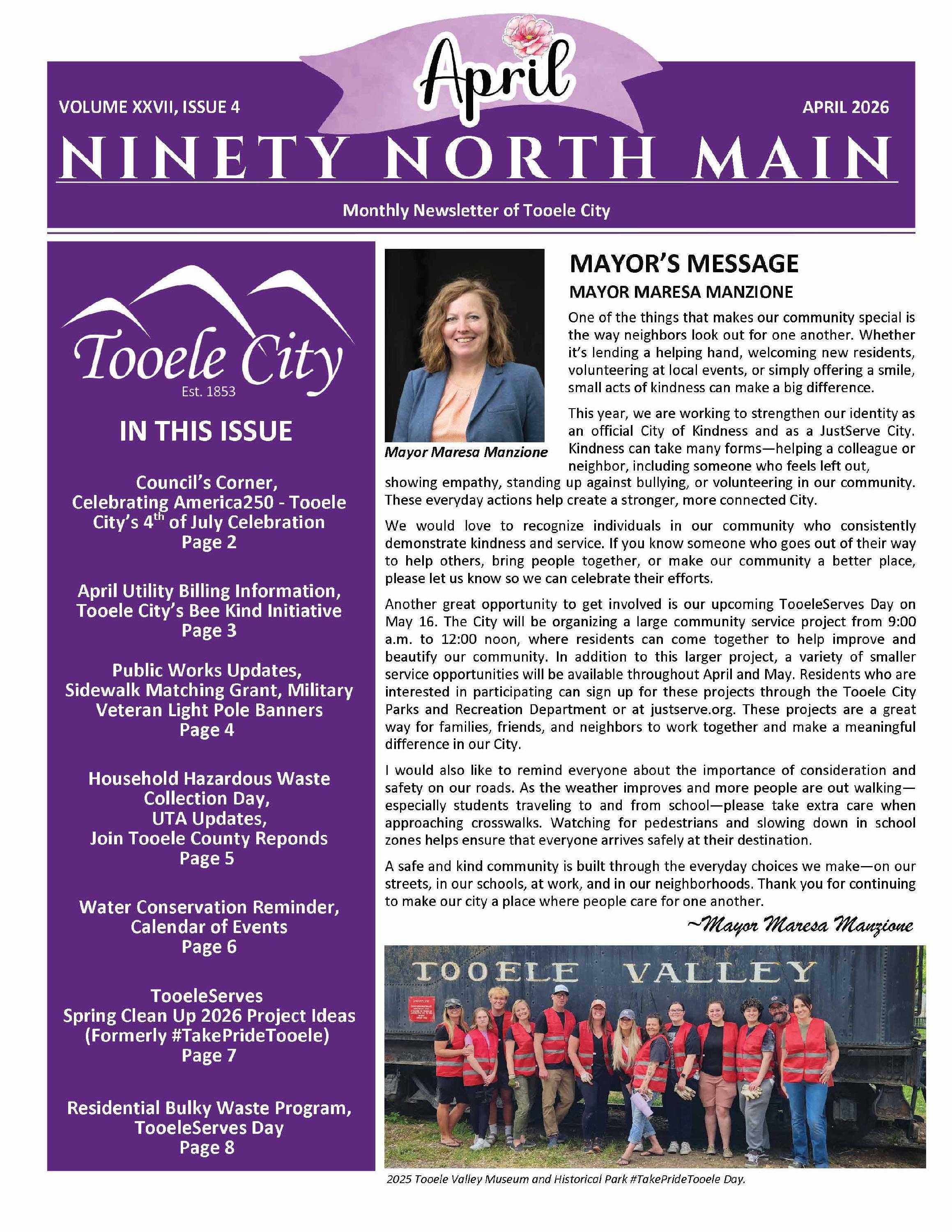 Front page of the April 2026 &lsquo;Ninety North Main&rsquo; Tooele City newsletter. The page includes a purple April header, the Mayor&rsquo;s Message with a photo of Mayor Maresa Manzione, a list of articles inside the issue, and a photo of volunteers at the 2025 Tooele Valley Museum #TakePrideTooele Day.