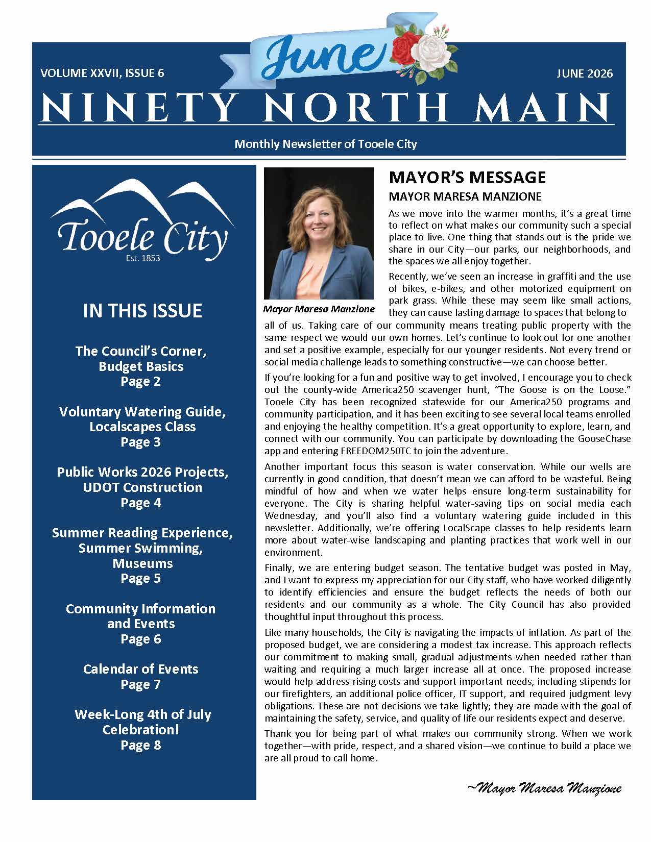 June 2026 Ninety North Main newsletter cover with the Tooele City logo, a sidebar listing featured pages, and Mayor Maresa Manzione&rsquo;s message with her portrait.