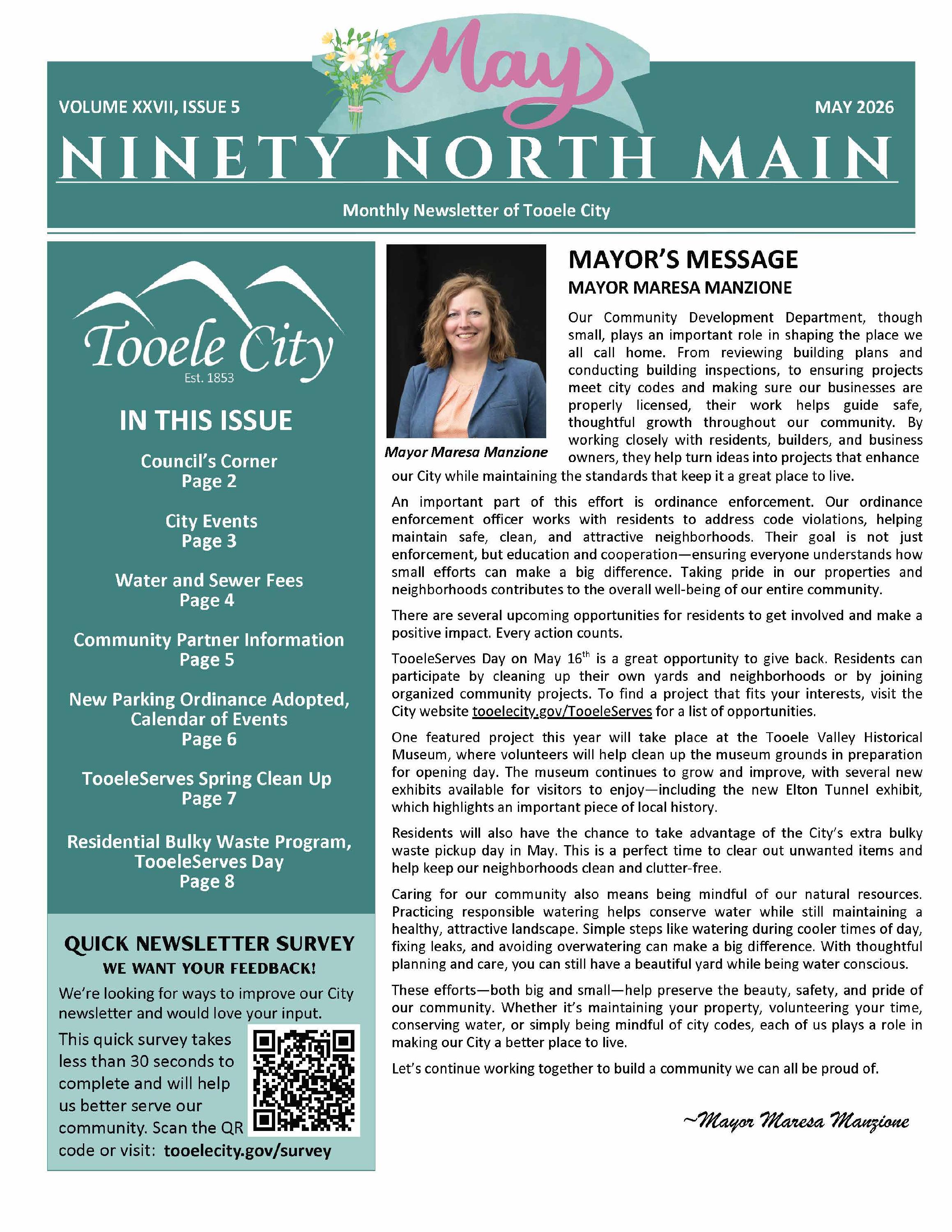 Front page of Tooele City&rsquo;s May 2026 Ninety North Main newsletter featuring the Mayor&rsquo;s Message, issue contents, and a survey QR code.